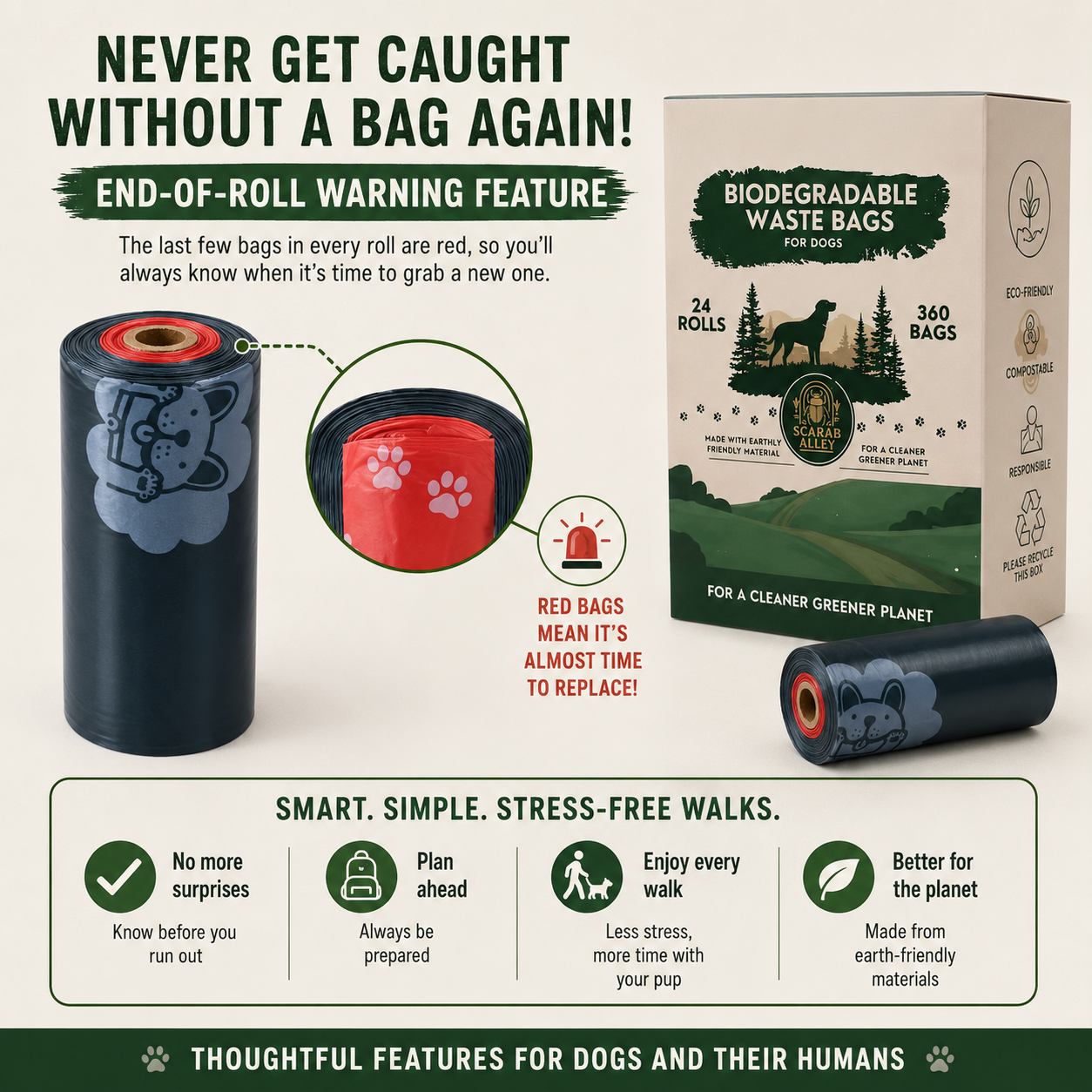 Scarab Alley red end-of-roll reminder bags showing when to replace the roll