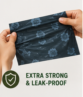 Scarab Alley dog waste bag stretched to demonstrate strength and leak resistance