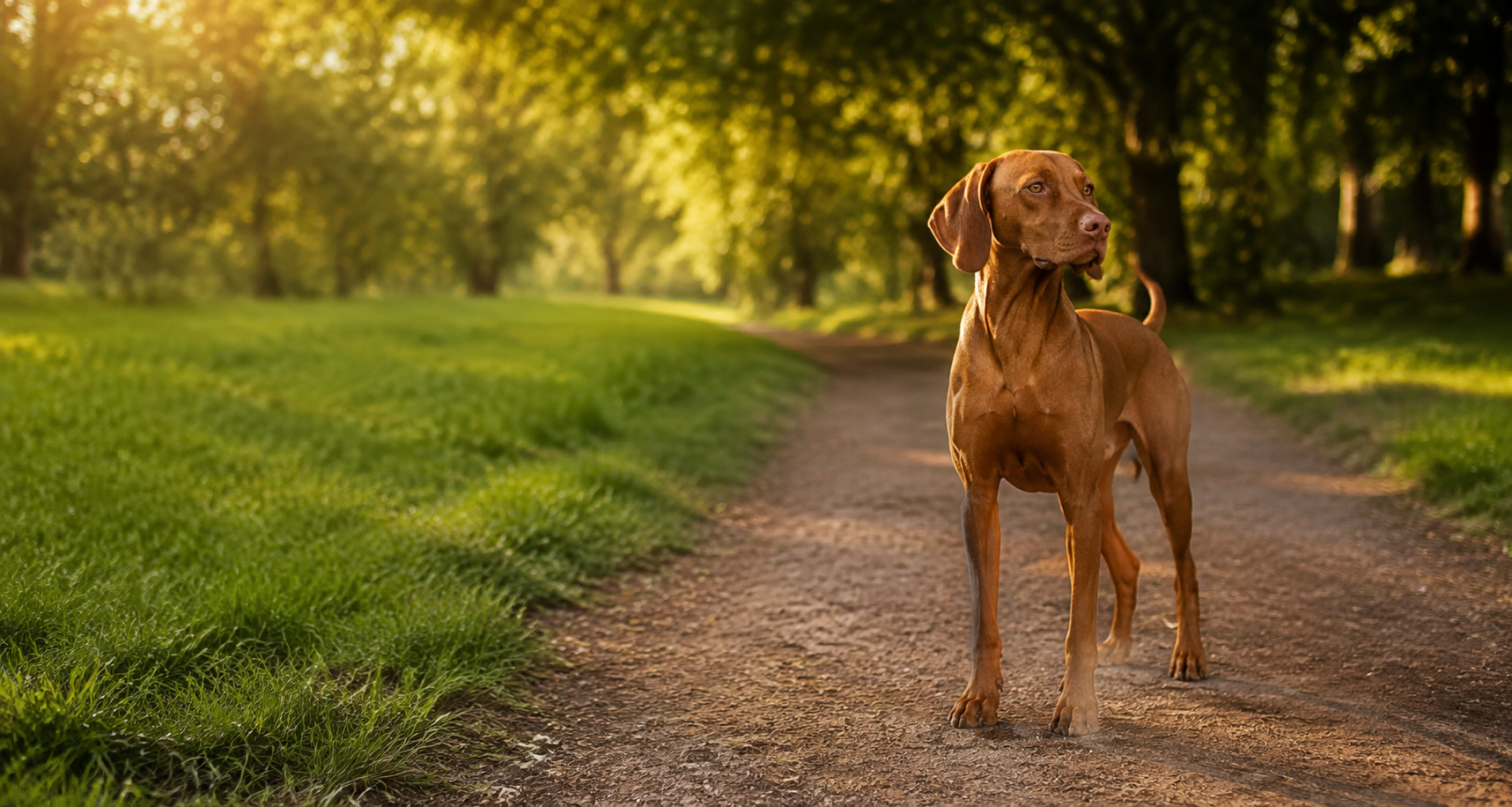 Bek-inspired Vizsla on a warm outdoor trail